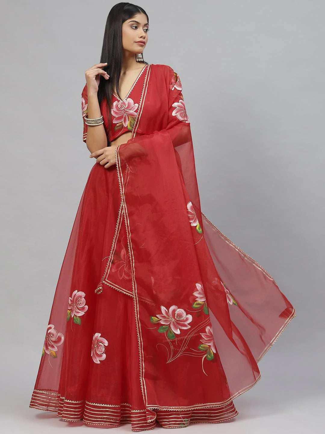 Dutika Red Hand Painted Organza Flared Lehenga Choli Set With Organza Dupatta